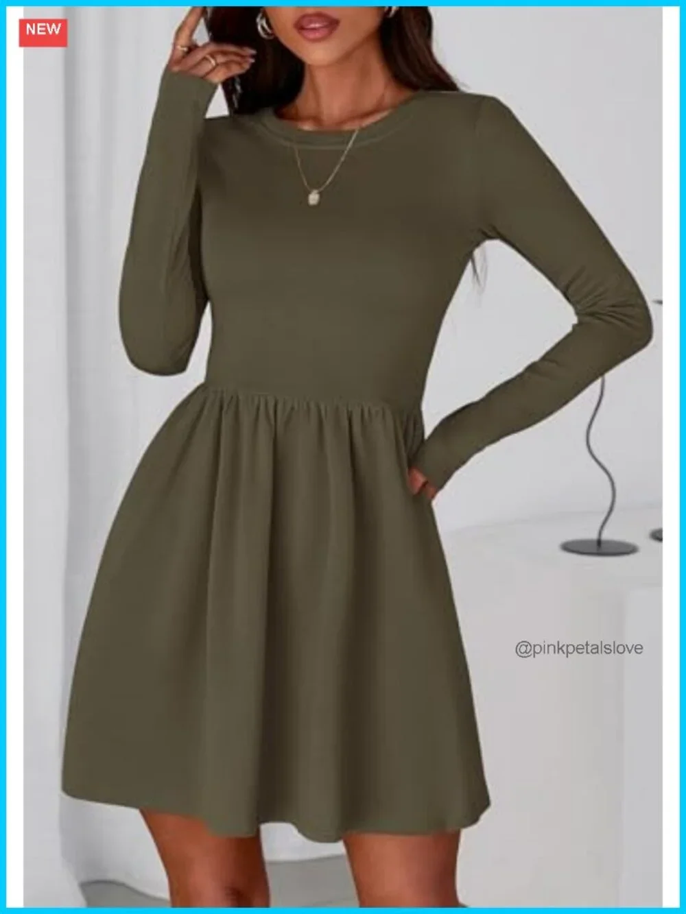 Long Sleeve Mini Dress Pleated A-Line Fit & Flare Babydoll with Pockets Casual